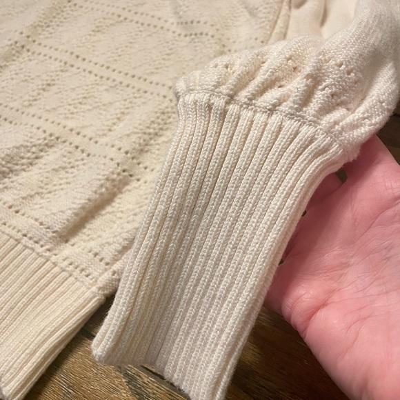 LOFT Dot Stripe Pointelle Ivory Cotton Sweater Size L Scalloped Detail Crewneck - Picture 5 of 9